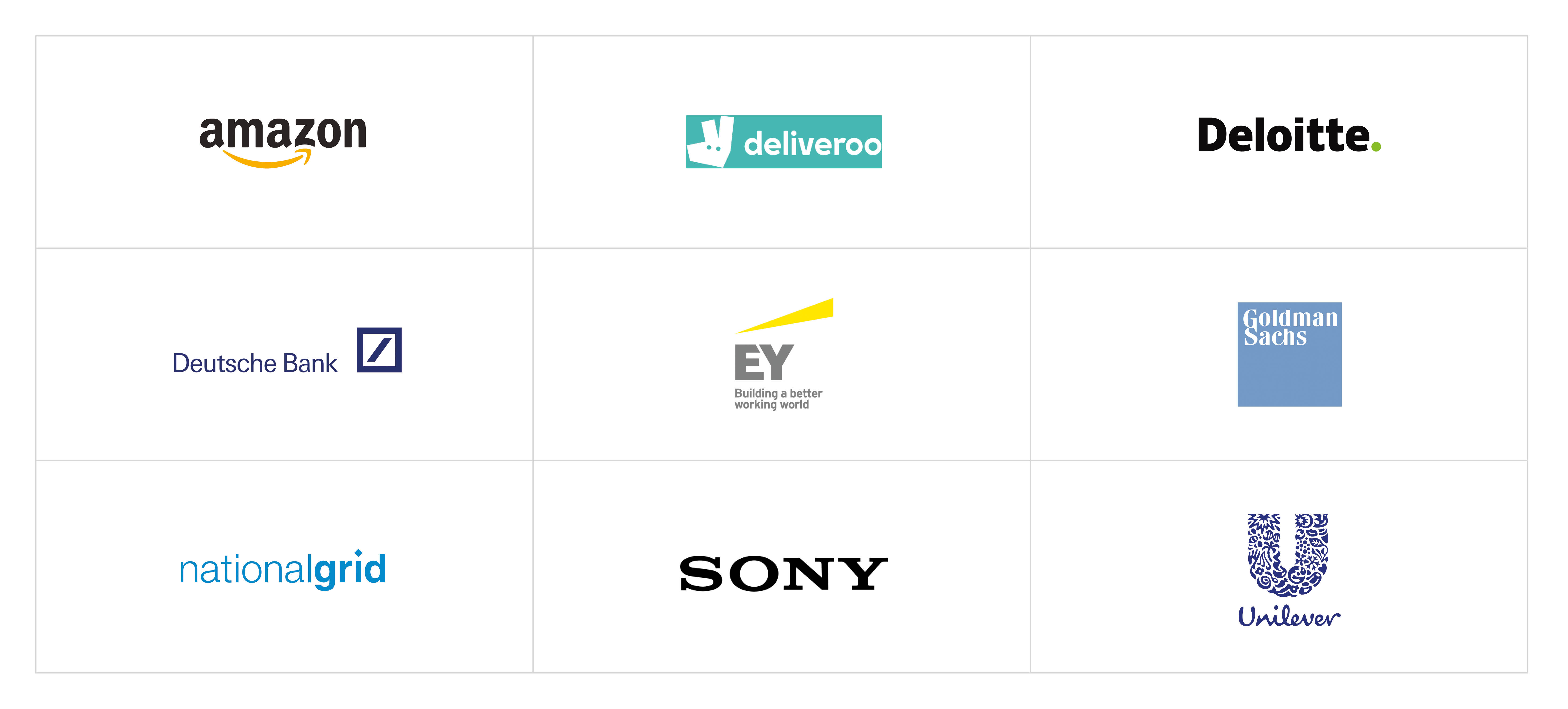 Logos of companies that WBS Full-time MBAs go on to work at: Amazon, Deliveroo, Deloitte, Deutsche Bank, EY, Goldman Sachs, National Grid, Sony, Unilever