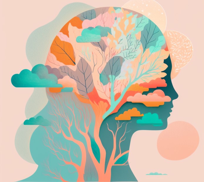 A pink and green graphic of a head which blends into trees and clouds