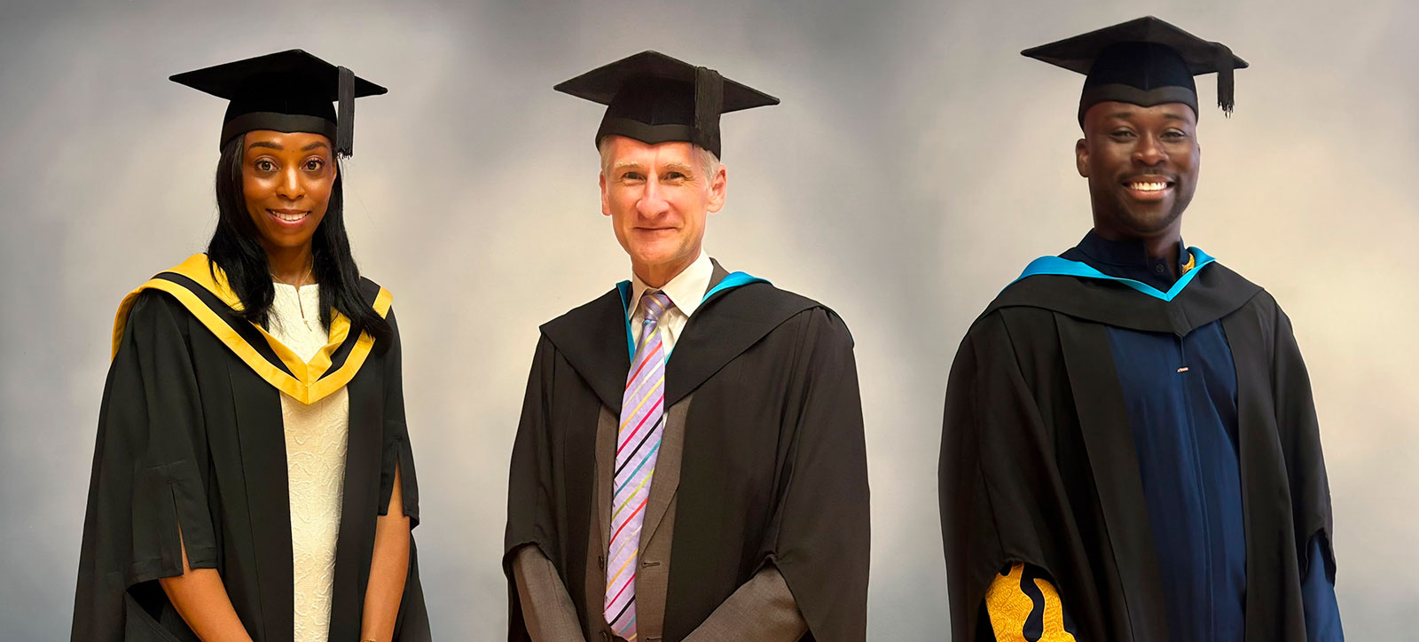 Graduation speeches were made by alumni (l-r) Sarah Nelson, Benjamin Story, and Darrell Brookes-Coker