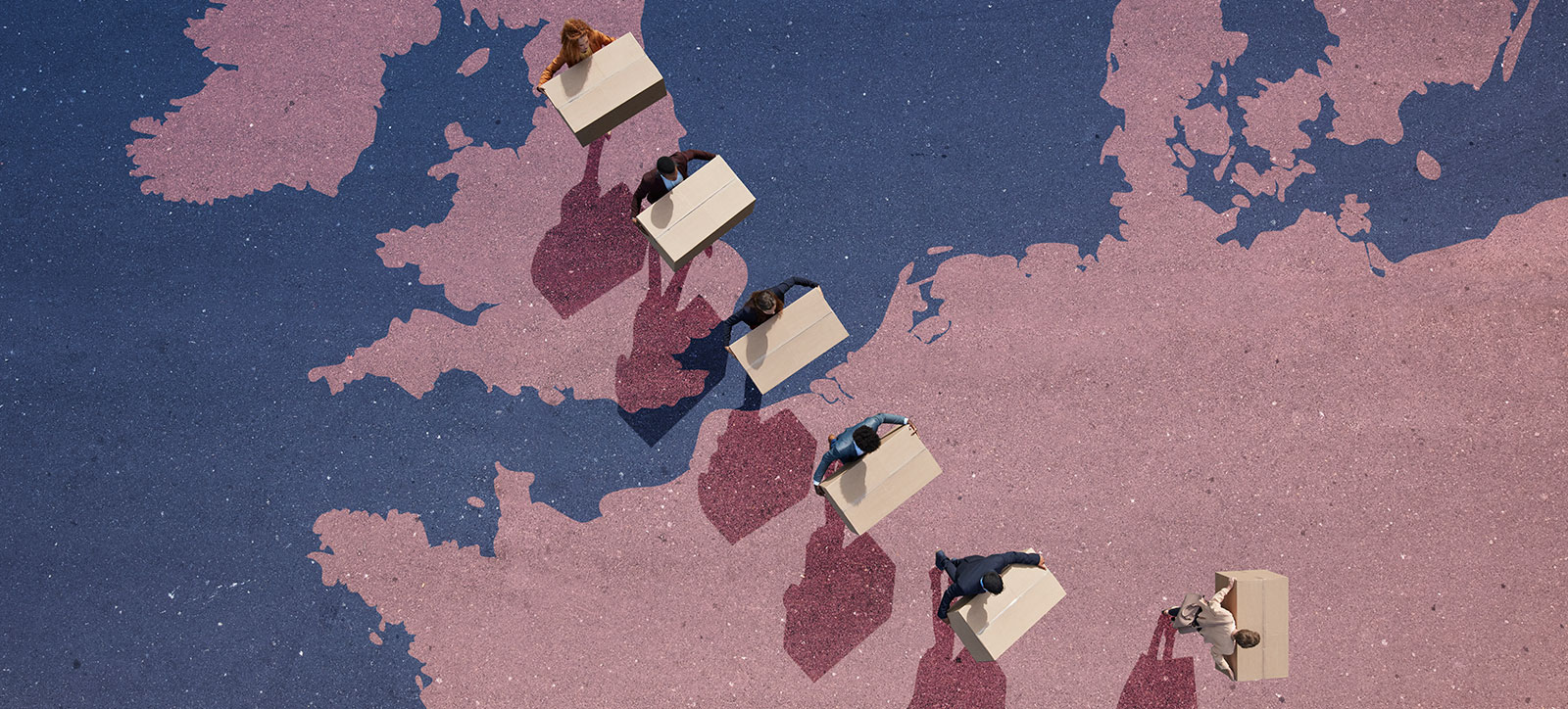 An illustration of a map of Europe. A line of businesspeople in suits carry moving boxes from the UK to countries in the EU.