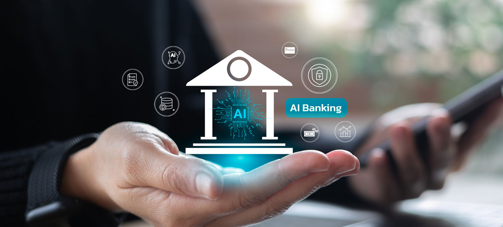 A hand holding some AI symbols and graphics A hand holding some AI symbols and graphics