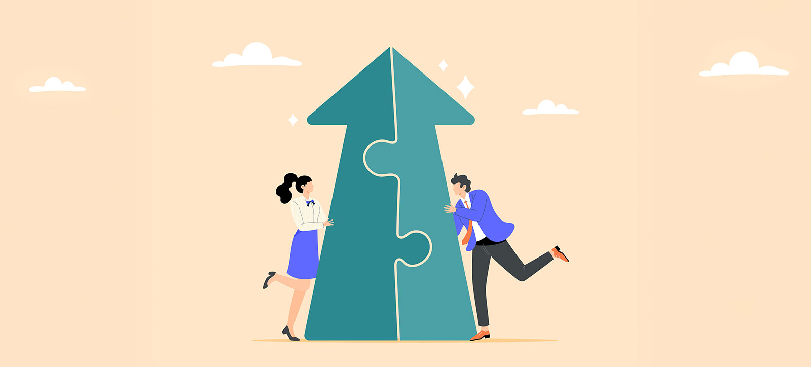 A graphic of a businessman and a businesswoman each pushing half an upwards-pointing arrow towards each other so they join together like jigsaw pieces, representing two businesses coming together to create growth. A graphic of a businessman and a businesswoman each pushing half an upwards-pointing arrow towards each other so they join together like jigsaw pieces, representing two businesses coming together to create growth.