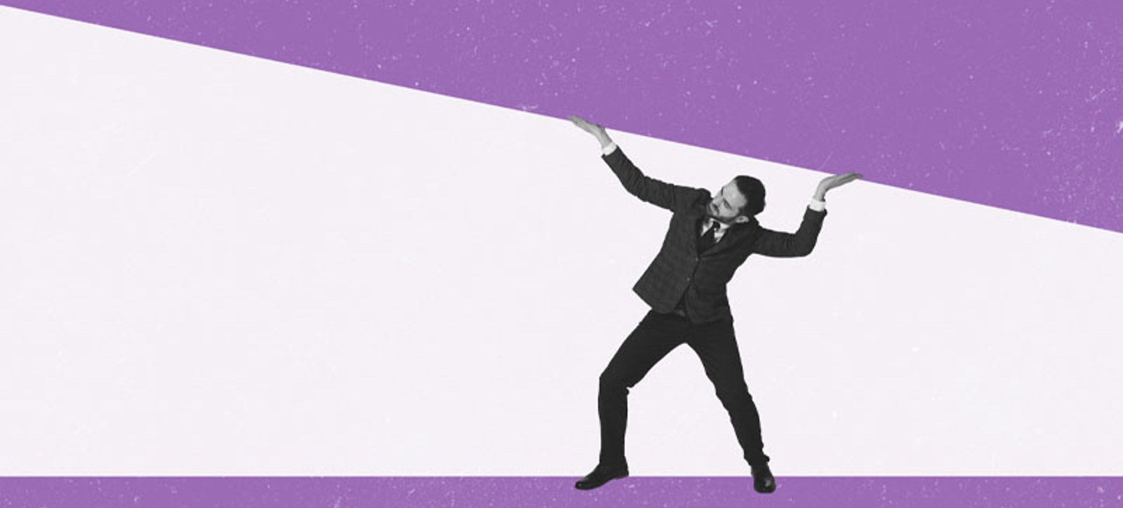 A black and white image of a CEO buckling under the strain as he tries to hold up a giant wedge of purple that is press down on him, threatening to crush him against another purple surface.. A black and white image of a CEO buckling under the strain as he tries to hold up a giant wedge of purple that is press down on him, threatening to crush him against another purple surface..
