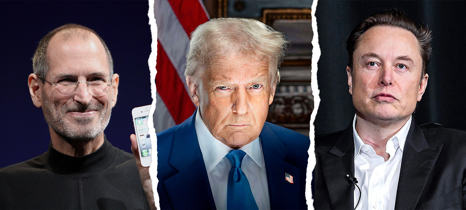 Left to right: Photographs of Steve Jobs, Donald Trump, and Elon Musk, each of whom are examples of autocratic leaders. The photos are torn at the edges and separated by thin bands of white. Left to right: Photographs of Steve Jobs, Donald Trump, and Elon Musk, each of whom are examples of autocratic leaders. The photos are torn at the edges and separated by thin bands of white.