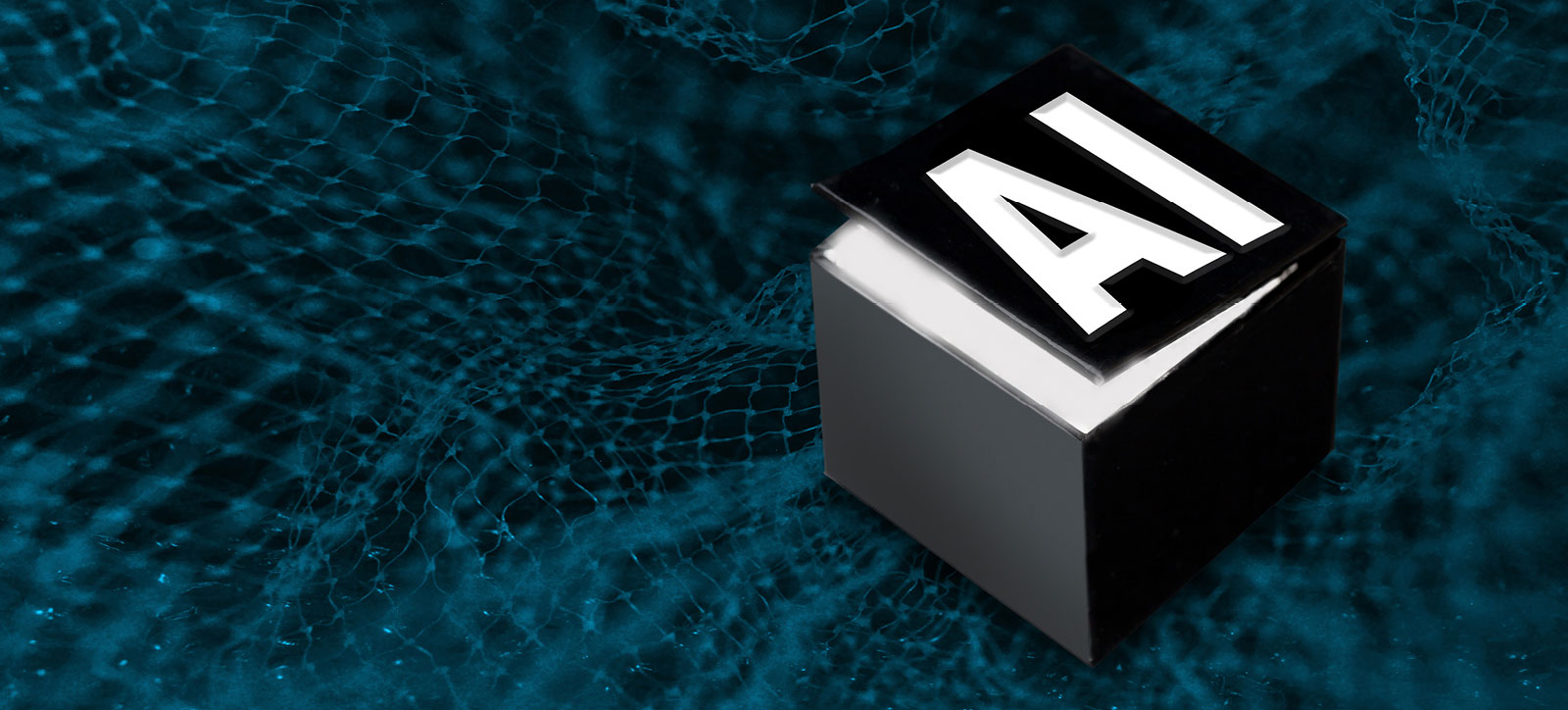 A black box with the letters AI emblazoned on the top, sits slightly open to reveal a white light inside. The box sits on an undulating blanket of data.