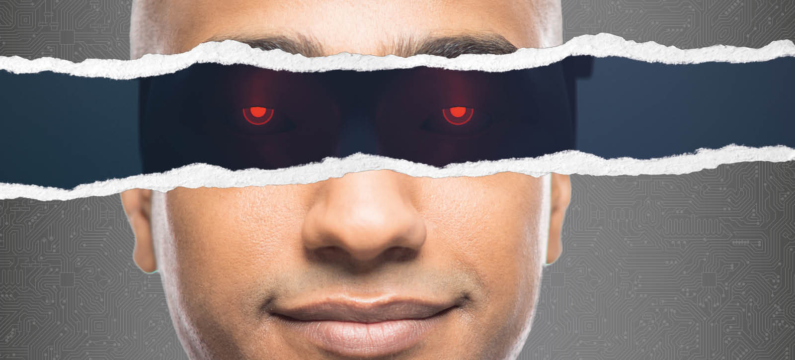 A picture of a person with a strip across the eyes torn away to reveal an AI-driven robot interior A picture of a person with a strip across the eyes torn away to reveal an AI-driven robot interior