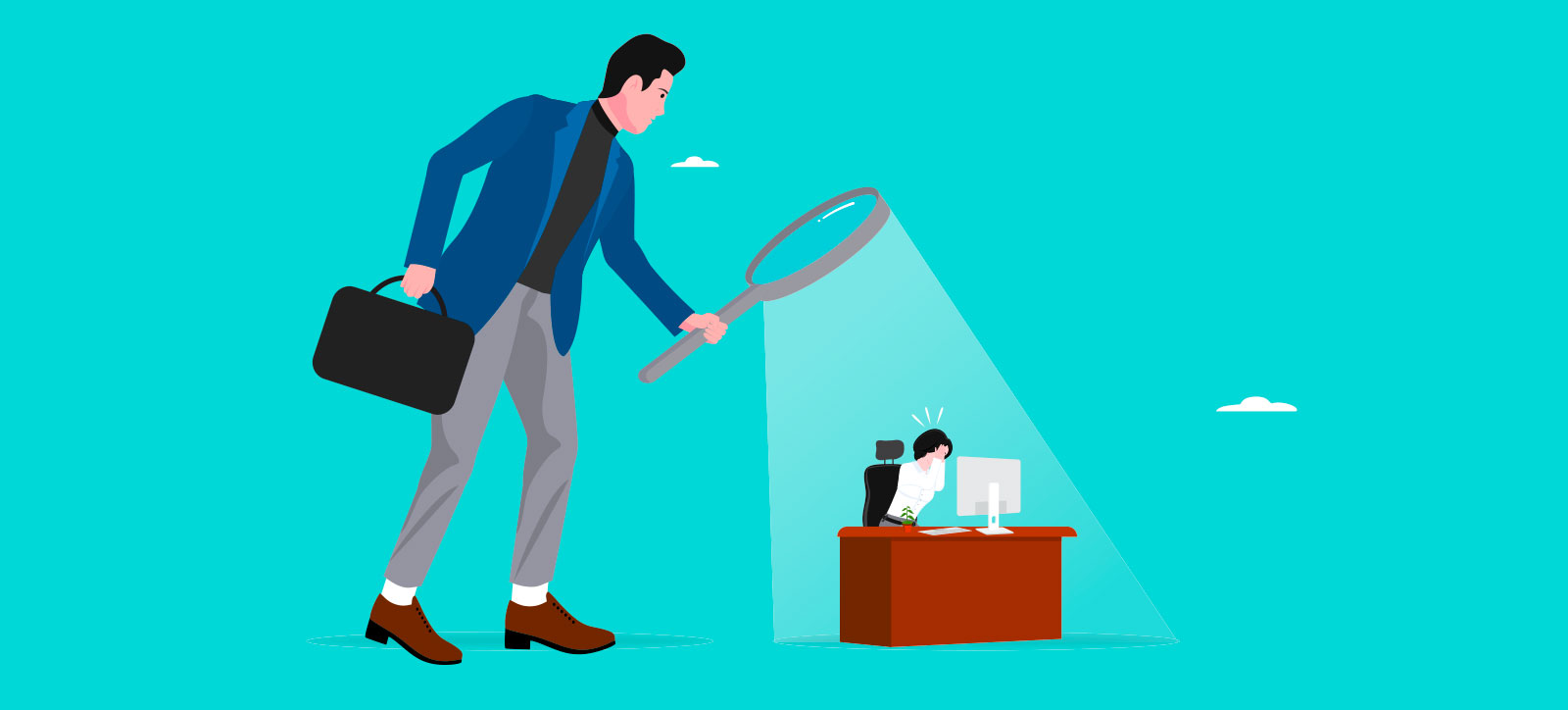 A giant manager wearing a suit jacket stands over a worker who is sat at their desk. The manager is watching the worker closely through a magnifying glass.