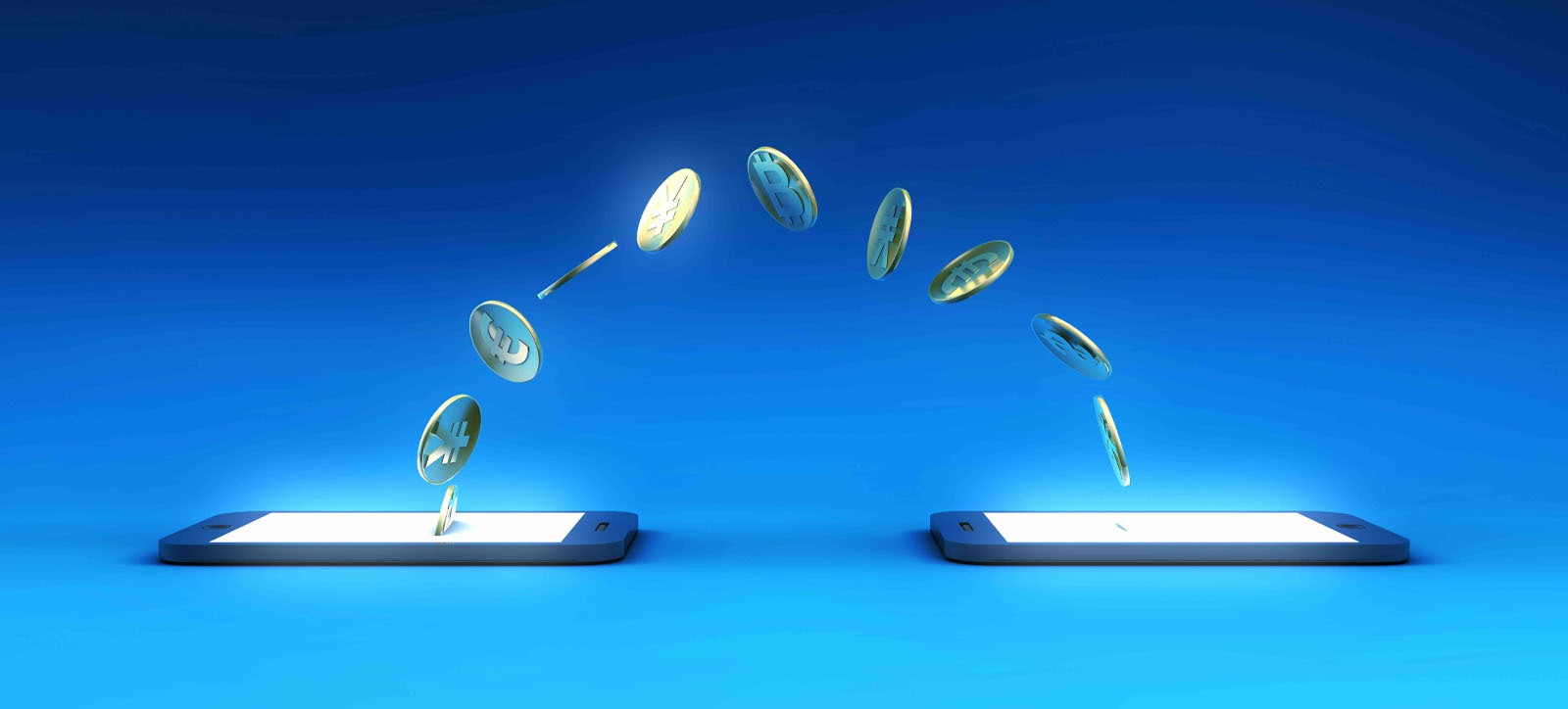 Picture of coins magically flying from one smartphone to another Picture of coins magically flying from one smartphone to another