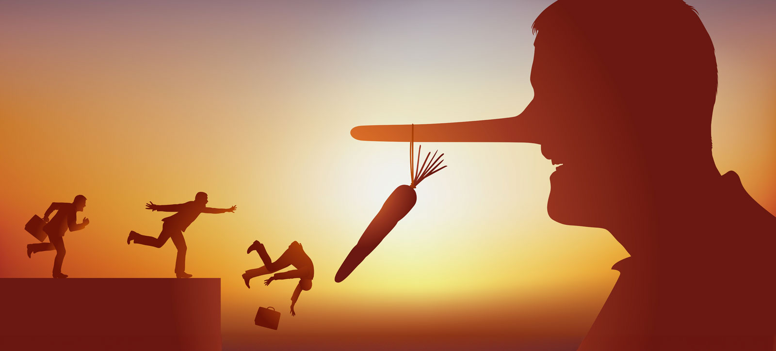 A graphic of businessmen falling of a cliff as they reach for a carrot tied to the 'Pinocchio-style' long nose of a lying con man A graphic of businessmen falling of a cliff as they reach for a carrot tied to the 'Pinocchio-style' long nose of a lying con man