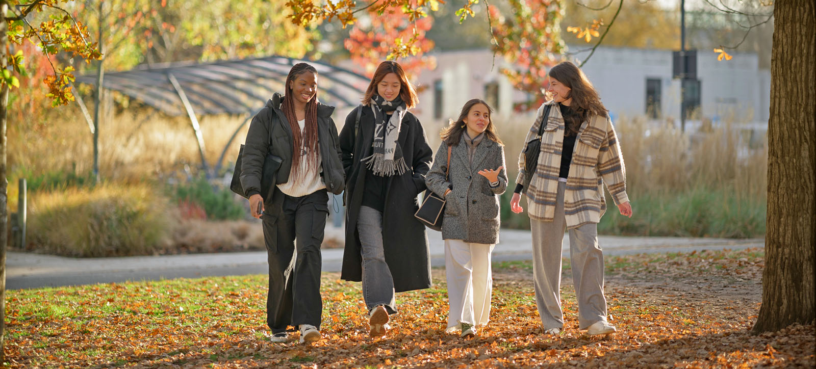 Four undergraduate students walking in the leafy Warwick campus Four undergraduate students walking in the leafy Warwick campus