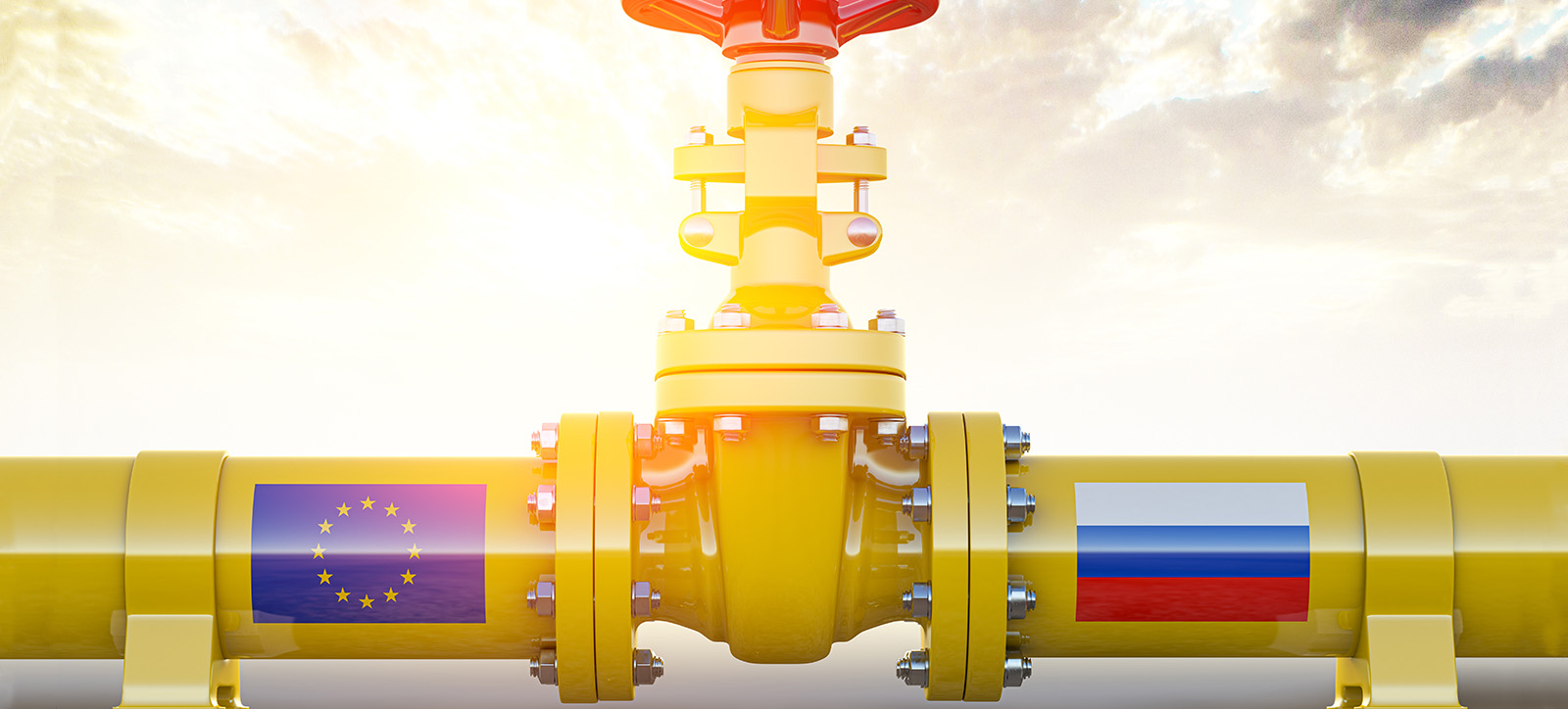 An image of a gas pipeline with a EU flag at one end and a Russian flag at the other. An image of a gas pipeline with a EU flag at one end and a Russian flag at the other.