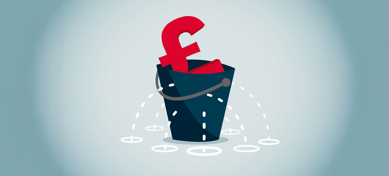 A red pound sign in a silver coloured metal bucket. Water is leaking out of the bucket from a number of holes in the side, demonstrating our companies are losing money be failing to capture the full value of the digital products they create.