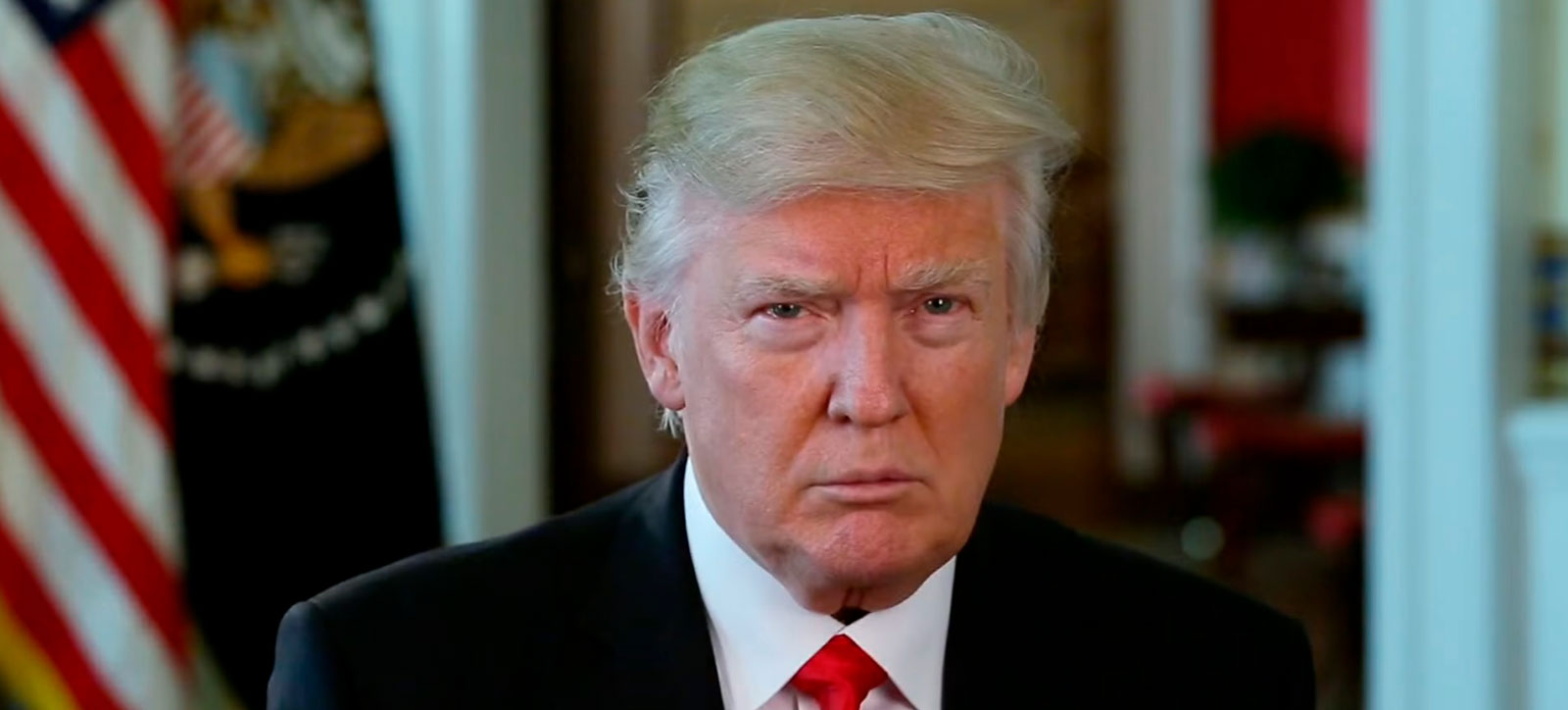 Portrait image of Donald Trump in front of US flags
