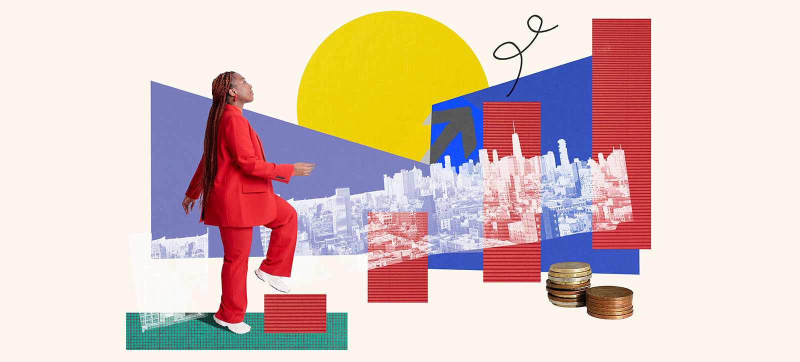 A businesswoman in a striking red suits climbs steps to success which are formed out of the bars on a financial performance chart. A black and white cityscape sits in the background and there are stacks of coins to indicate profitability and growth. A businesswoman in a striking red suits climbs steps to success which are formed out of the bars on a financial performance chart. A black and white cityscape sits in the background and there are stacks of coins to indicate profitability and growth.