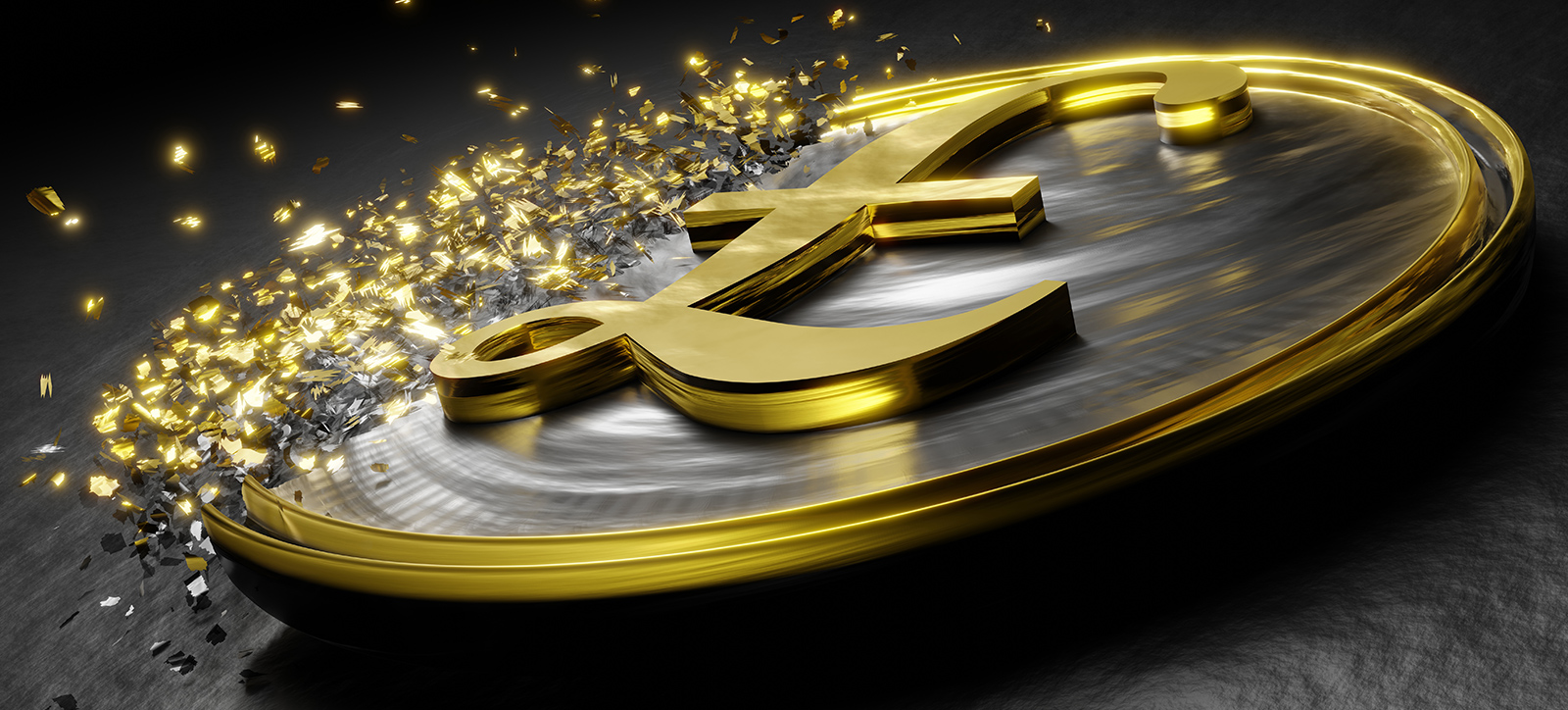 A gold coloured digital currency pound coin dissolves into pixels that are floating off into a black background. A gold coloured digital currency pound coin dissolves into pixels that are floating off into a black background.