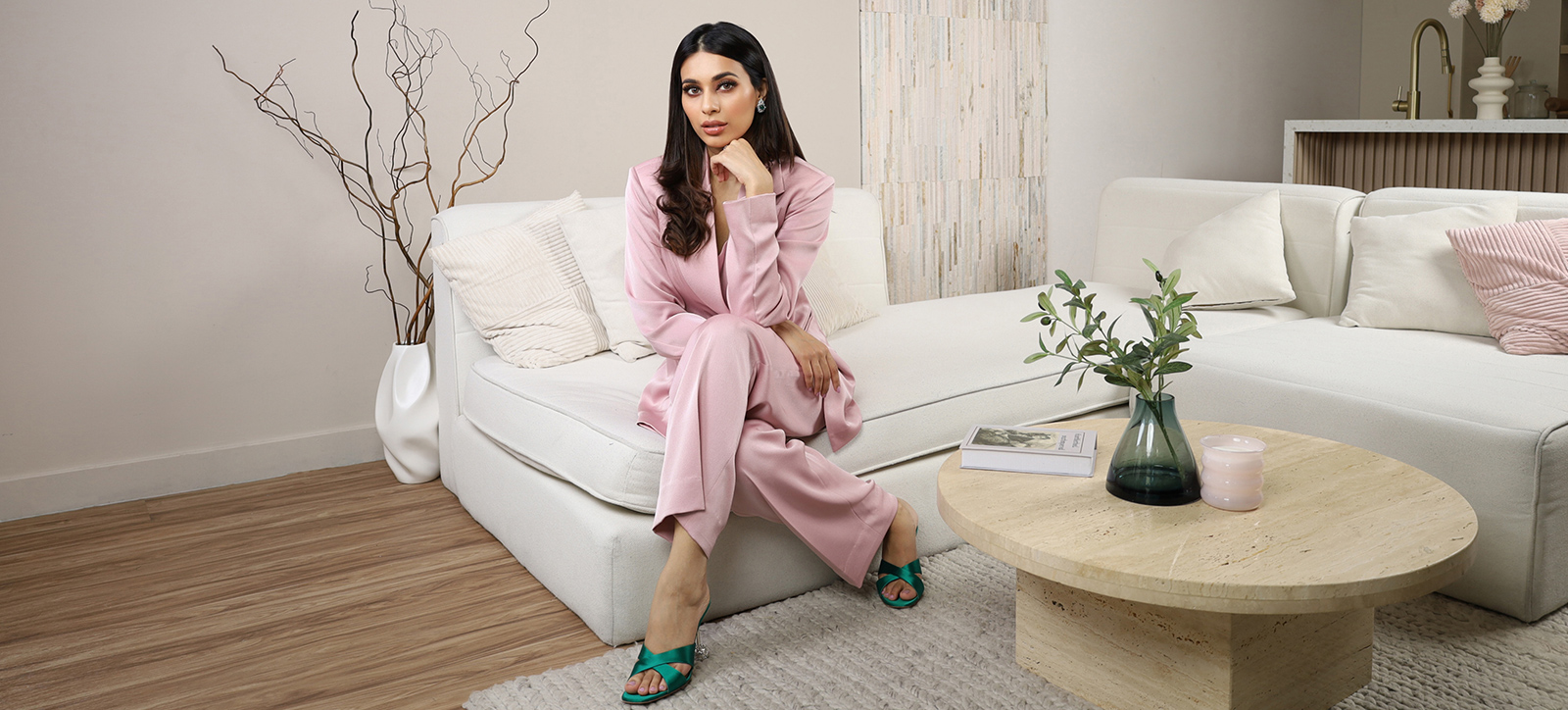 Alina Anwar in a pick trouser suit