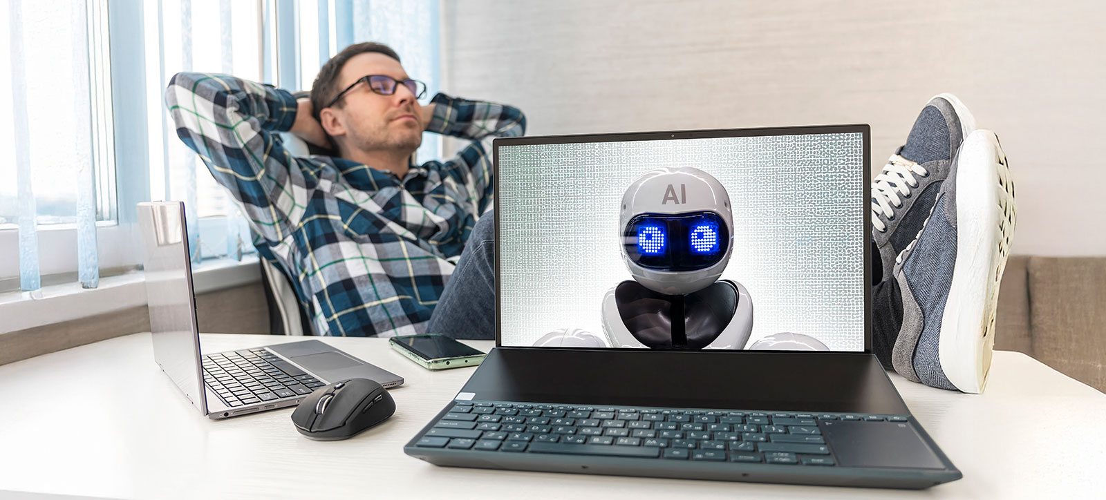 An office worker reclines in his chair with his eyes close, his hands behind, and his feet on the desk as a generative AI chatbot on the computer in front of him performs tasks that makes his life easier. An office worker reclines in his chair with his eyes close, his hands behind, and his feet on the desk as a generative AI chatbot on the computer in front of him performs tasks that makes his life easier.