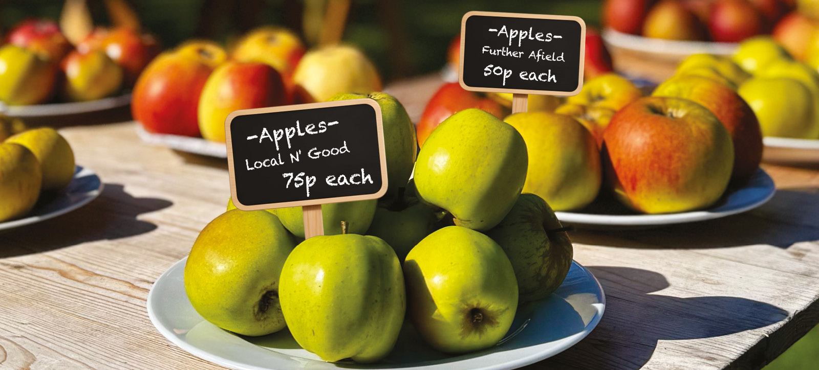 Two plates of apples on a tabletop stall at a farmer's market. One plate is marked as locally grown and is priced higher than the apples on a second plate from a farmer further away.