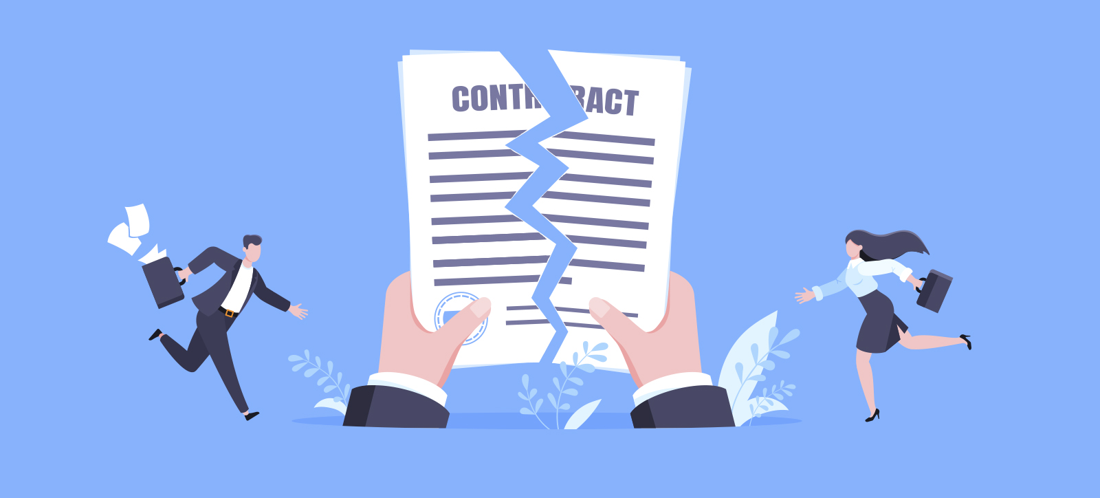 A graphic of a miniature businessman and businesswoman running towards a pair of giant hands as they tear up a contract