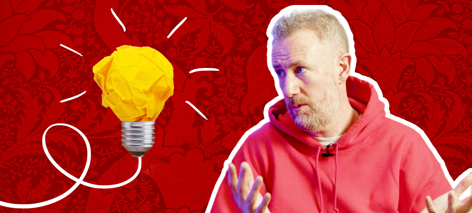 A cut out photograph of Taskmaster host Alex Horne is overlaid on the show's distinctive red wallpaper backdrop. Alex is accompanied by a lightbulb made from screwed up yellow paper to represent creativity.