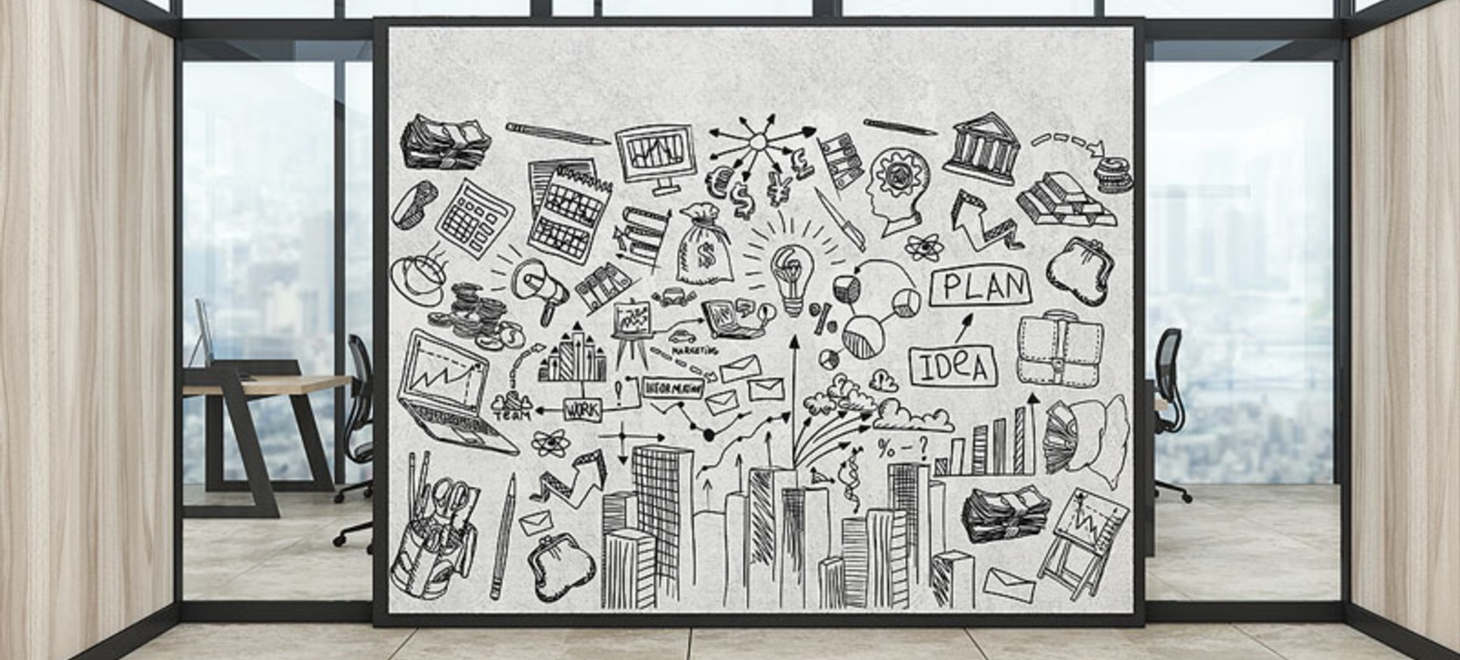 A giant board filled with design thinking illustrations generated during a strategy session. A giant board filled with design thinking illustrations generated during a strategy session.