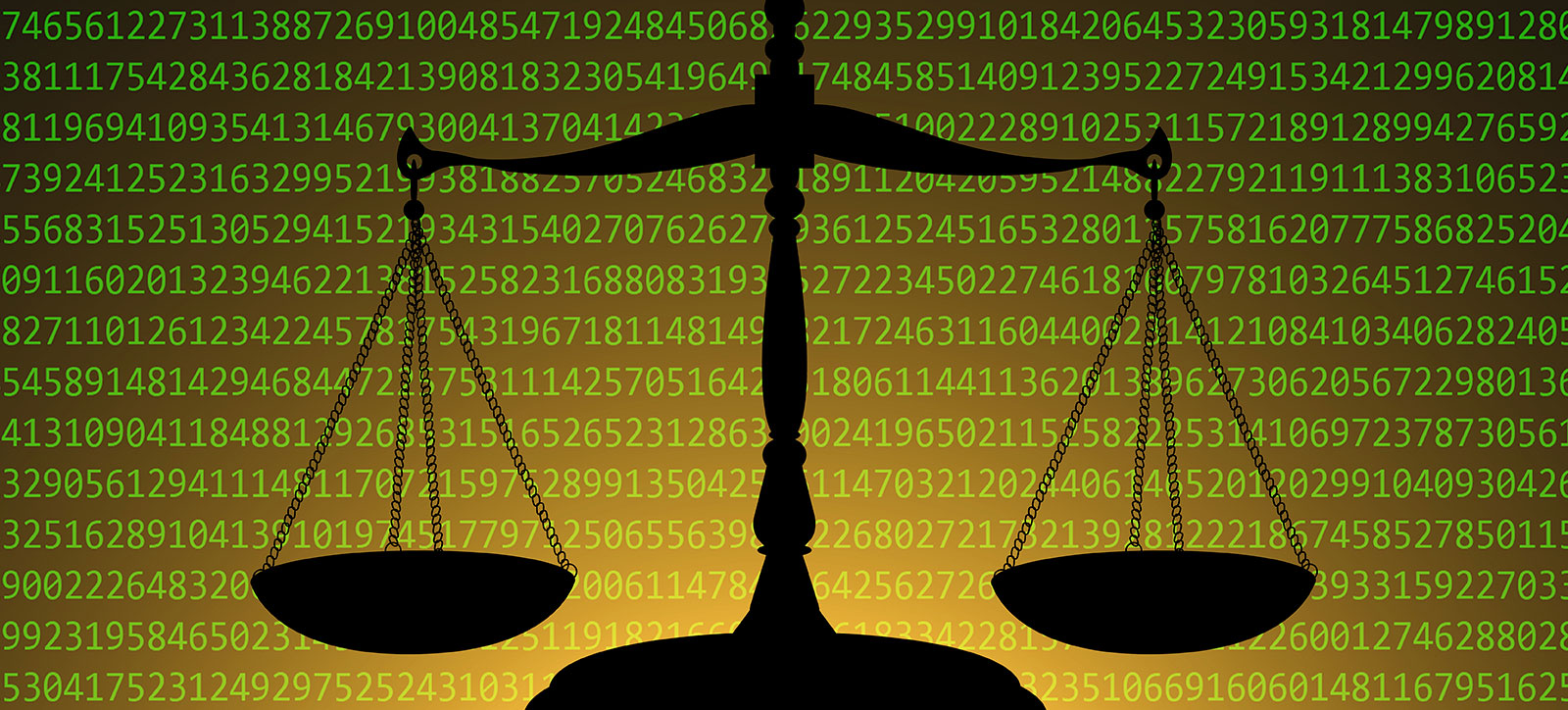 A pair of scales is silhouetted against a backdrop of AI code