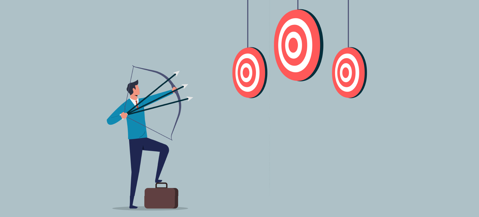 An illustrated graphic of a businessman with three arrows notched in his bow, ready to fire them at three separate targets simultaneously. An illustrated graphic of a businessman with three arrows notched in his bow, ready to fire them at three separate targets simultaneously.