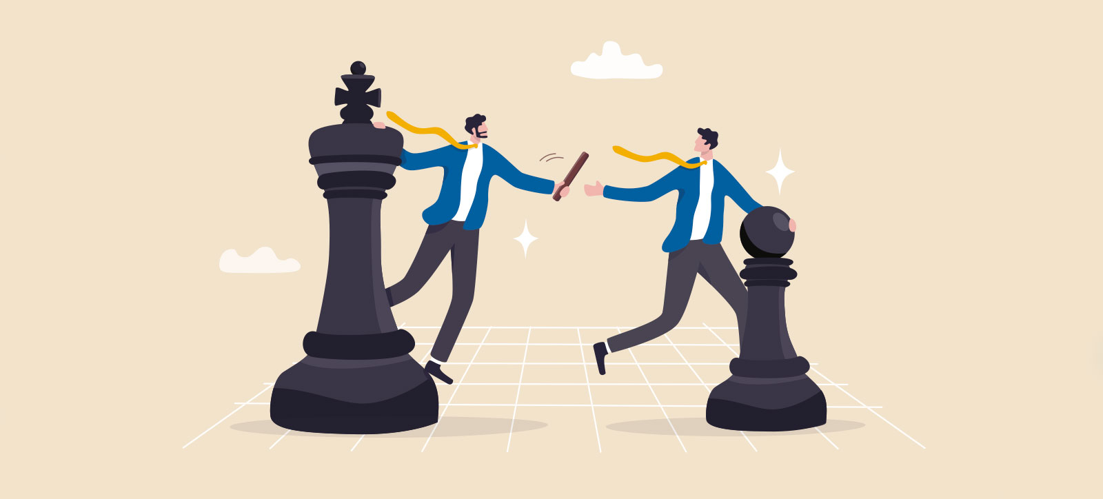 An illustrated image of a figure in a business suit, clinging to a giant chess piece in the shape of a king and passing a relay baton to a younger figure in a business suit, who is holding onto a giant pawn.