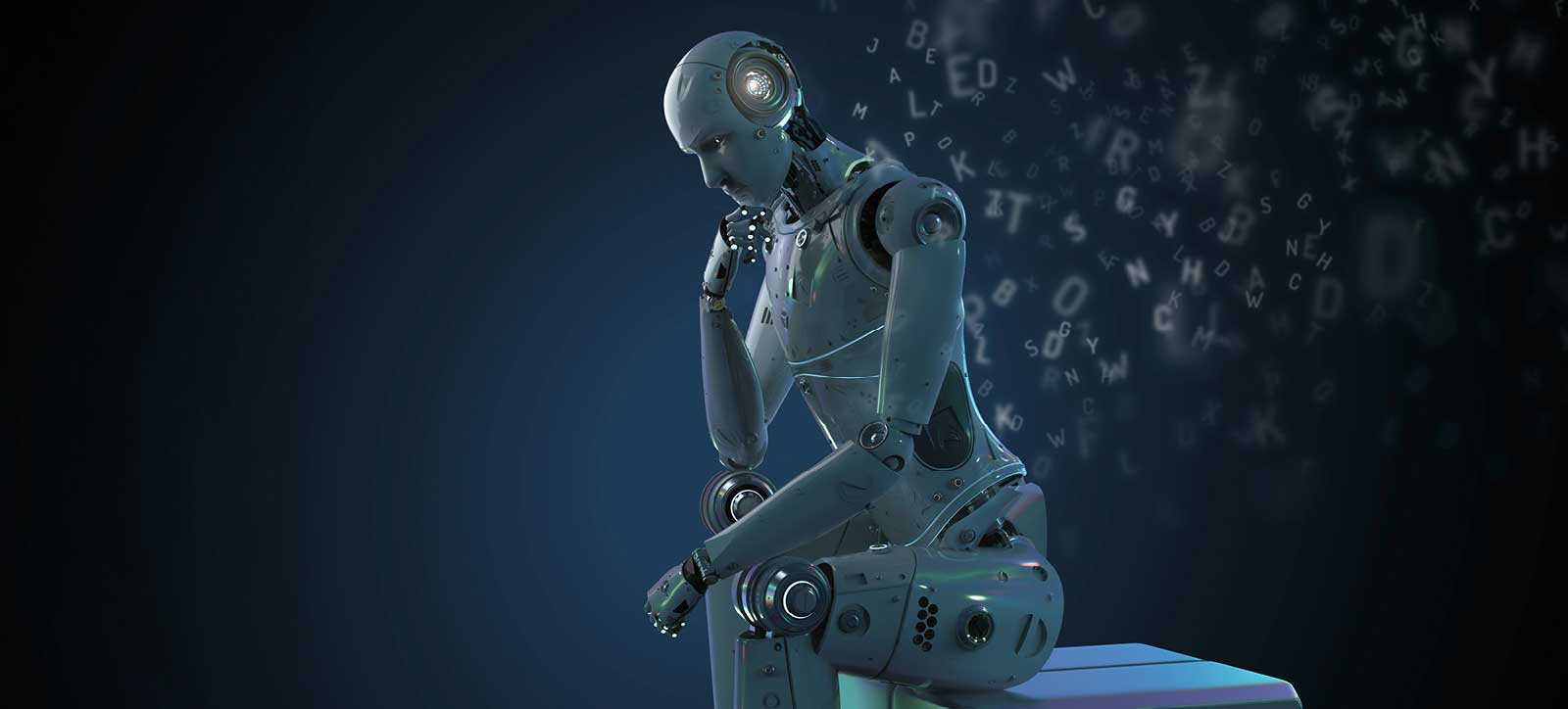 3D rendering of an AI robot seated with 