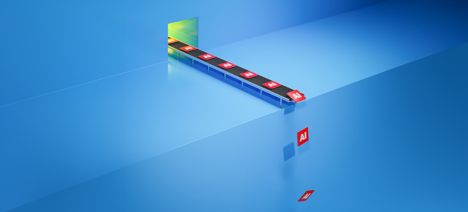 A graphic of AI chips rolling off a production line, before dropping into a chasm. A graphic of AI chips rolling off a production line, before dropping into a chasm.