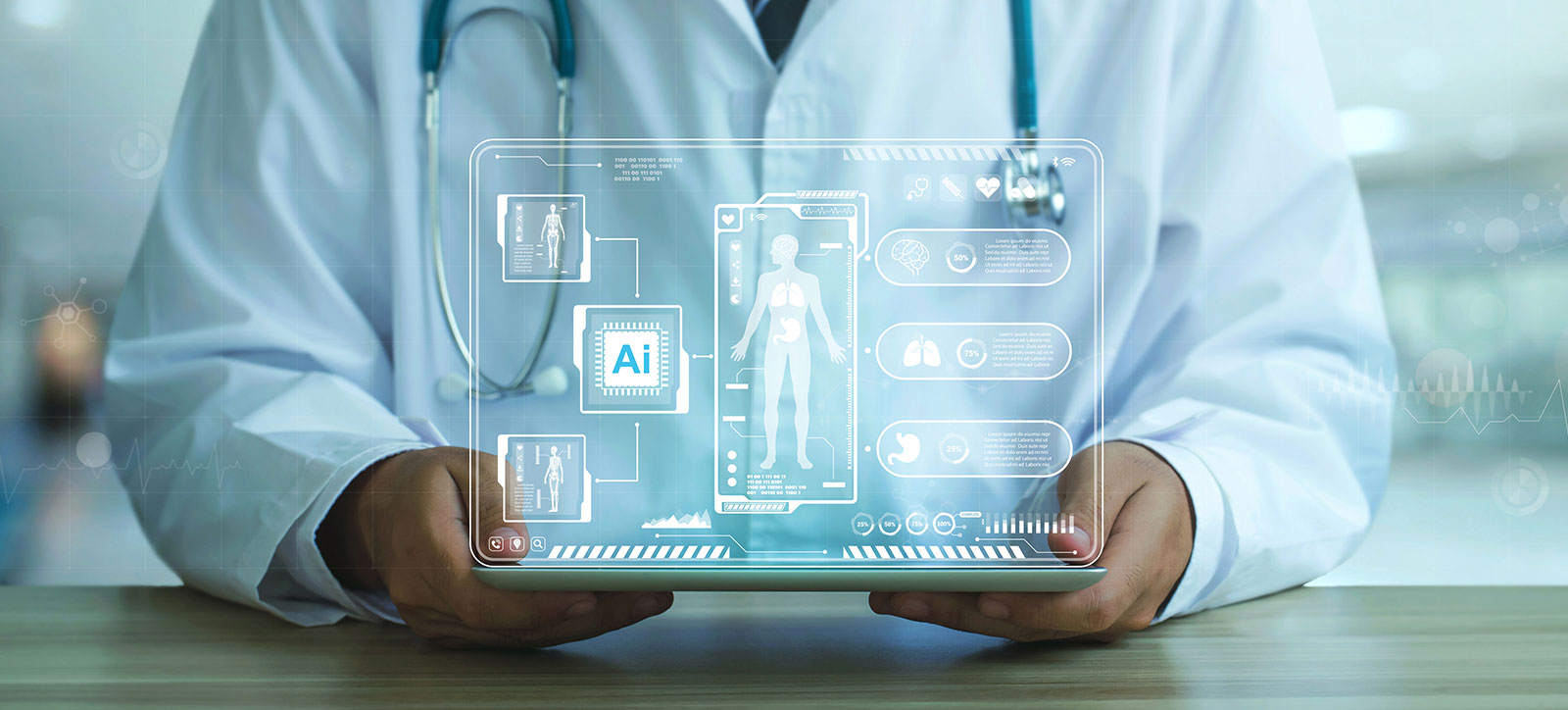 A doctor holds a transparent laptop screen with AI imagery A doctor holds a transparent laptop screen with AI imagery