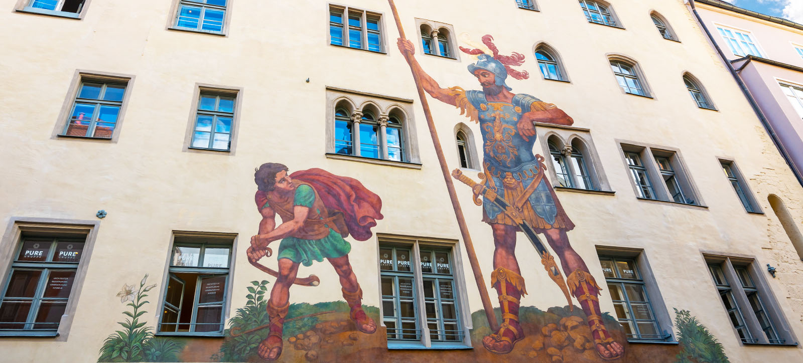 A mural of David defeating Goliath