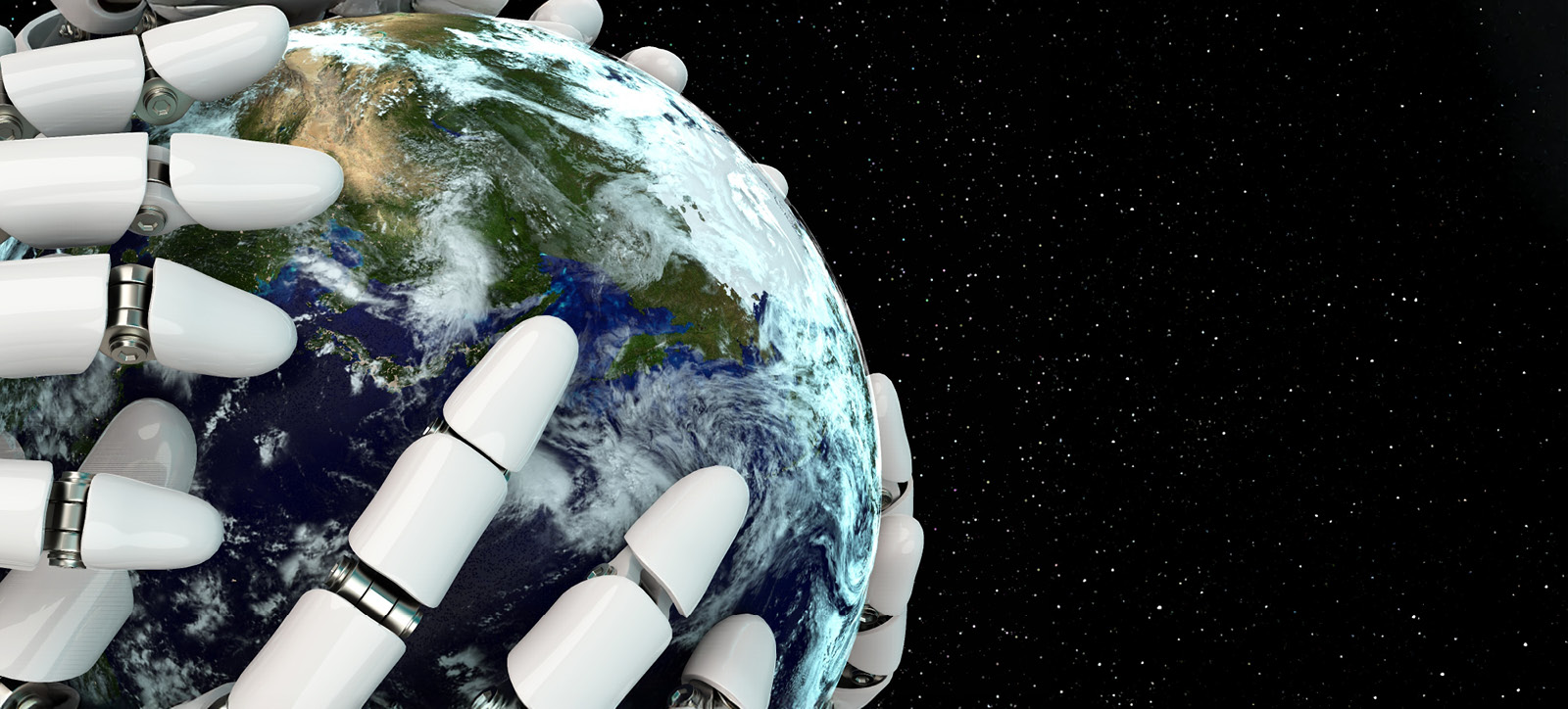 Giant android hands envelope planet Earth, representing the impact of AI on the environment