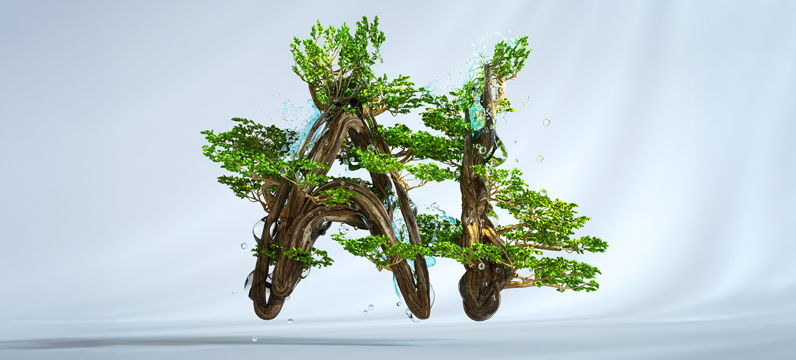 The letters AI formed from a tree, with green foliage growing around brown branches. On a white background.