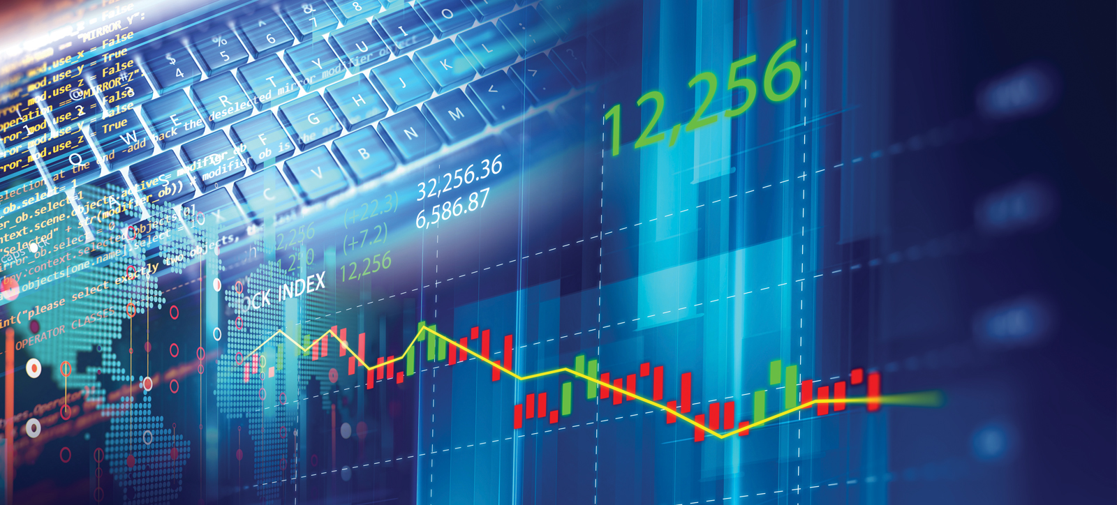 A collage consisting of a computer keyboard, a computerised world map, and financial markets data