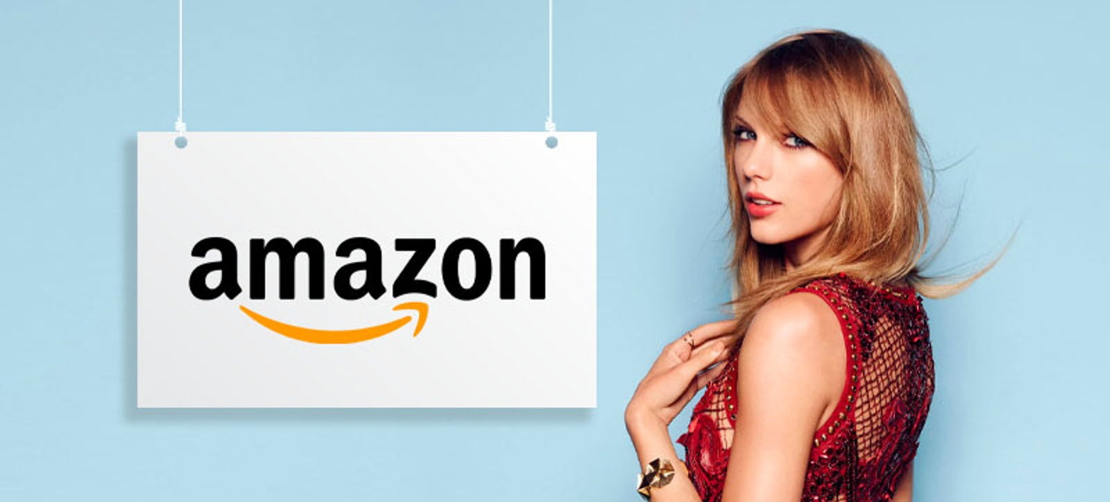 A photograph of Taylor Swift and an Amazon logo, set against a light blue background. A photograph of Taylor Swift and an Amazon logo, set against a light blue background.