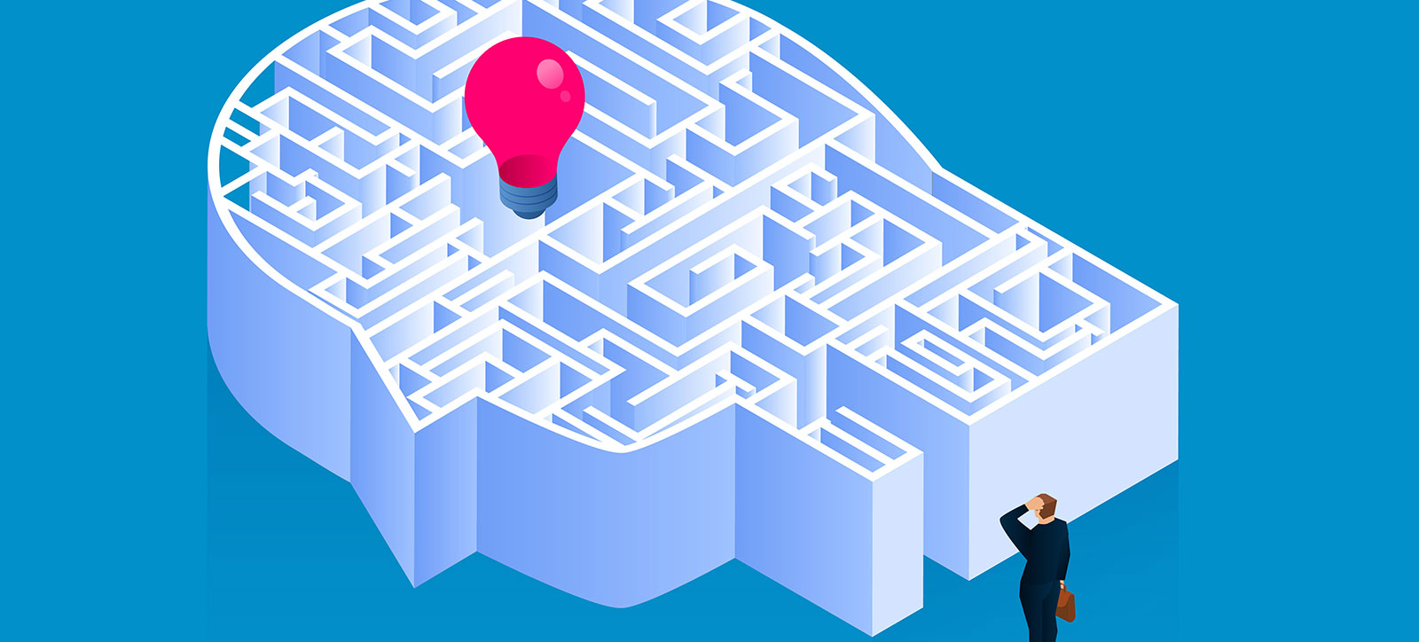 Graphic of a businessman standing at the entrance to a maze shaped like a human, uncertain how to reach the red lightbulb in the centre that represents the correct choice Graphic of a businessman standing at the entrance to a maze shaped like a human, uncertain how to reach the red lightbulb in the centre that represents the correct choice