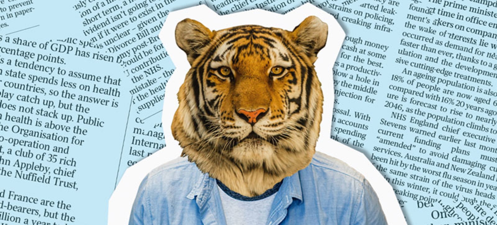 A collage of a person with a tigers head in front of a selection of newspaper clippings A collage of a person with a tigers head in front of a selection of newspaper clippings