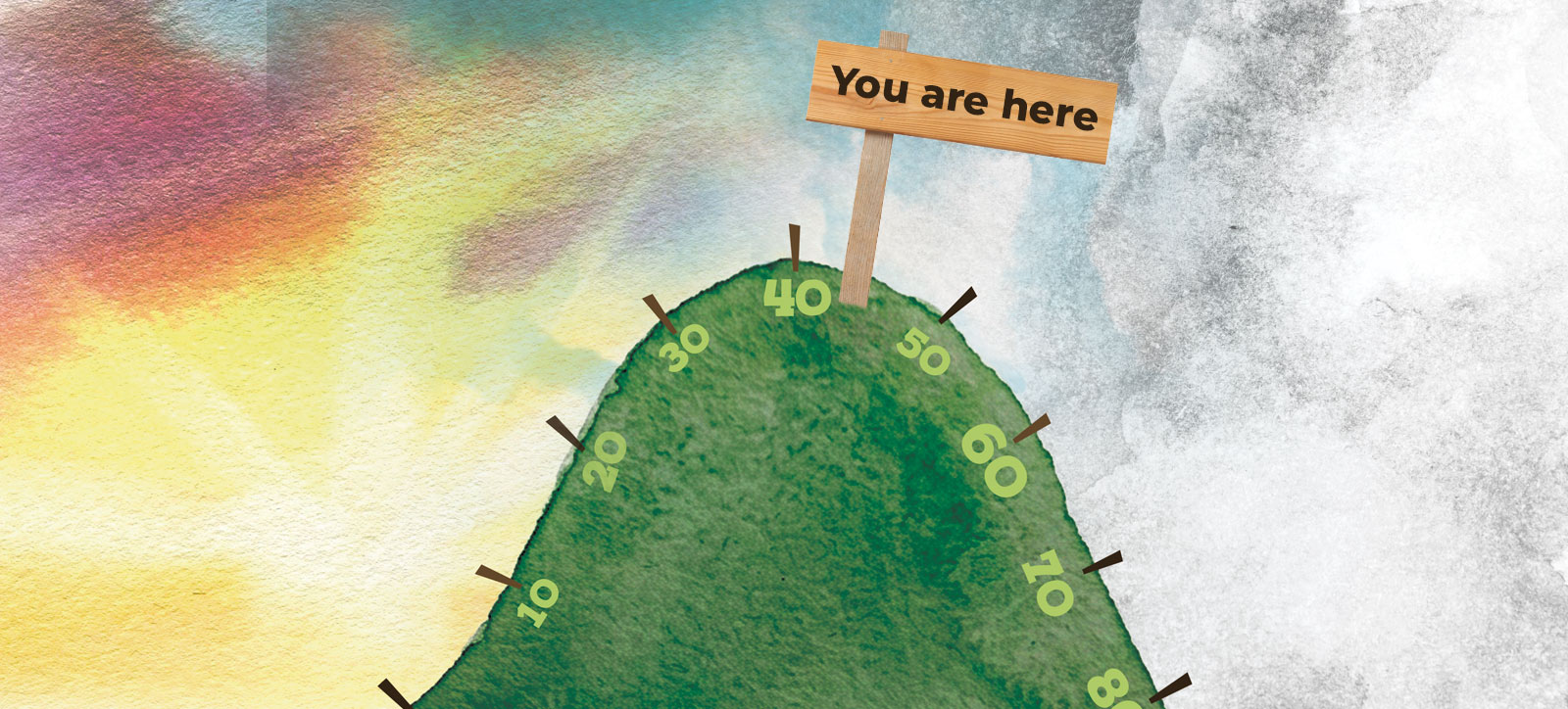An illustration featuring a 'hill shaped' bell curve from a graph, depicted as a green grassy hill with a sun set in the sky above it. The curve of the hill is marked at regular intervals with employee ages, with 40 at the peak of the hill. Just to the right of the peak is a sign that reads 'You are here', implying that the employee in the 40s is now past the peak of their career.