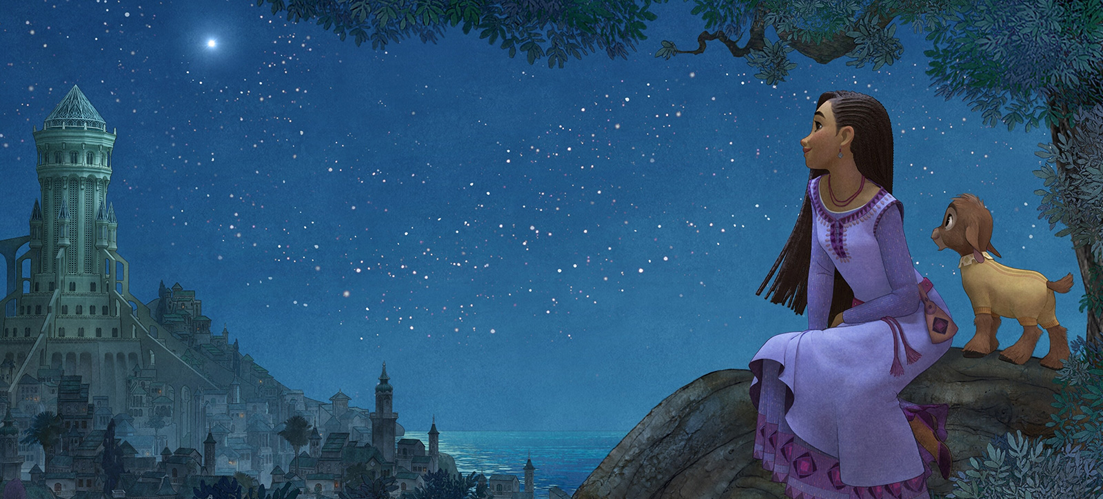 Asha, the protagonist of the new Disney animated film Wish, sits with her goat sidekick overlooking a Disney castle