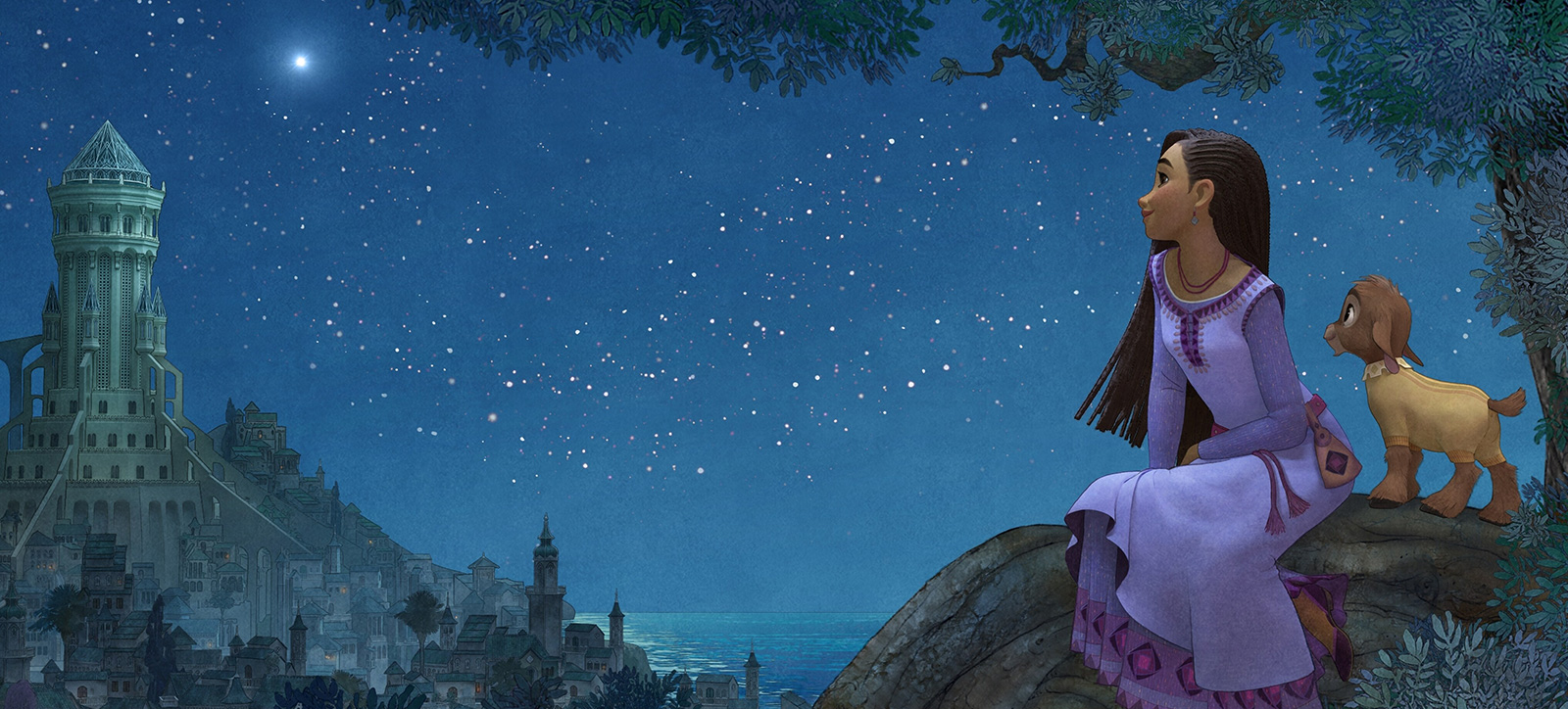 Asha, the protagonist of the new Disney animated film Wish, sits with her goat sidekick overlooking a Disney castle Asha, the protagonist of the new Disney animated film Wish, sits with her goat sidekick overlooking a Disney castle