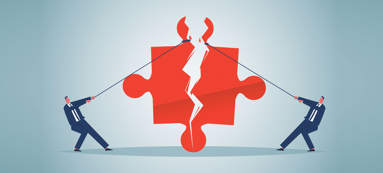 An illustration of two businessman in suits splitting a giant red jigsaw puzzle piece by pulling at opposite ends of a long rope.