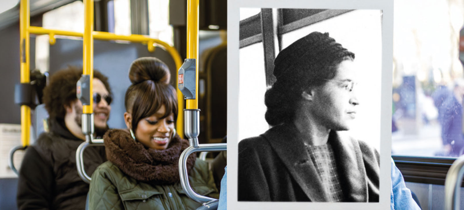 A photograph of civil rights campaigner Rosa Parks is held up in front of passengers sat on a public bus. A photograph of civil rights campaigner Rosa Parks is held up in front of passengers sat on a public bus.