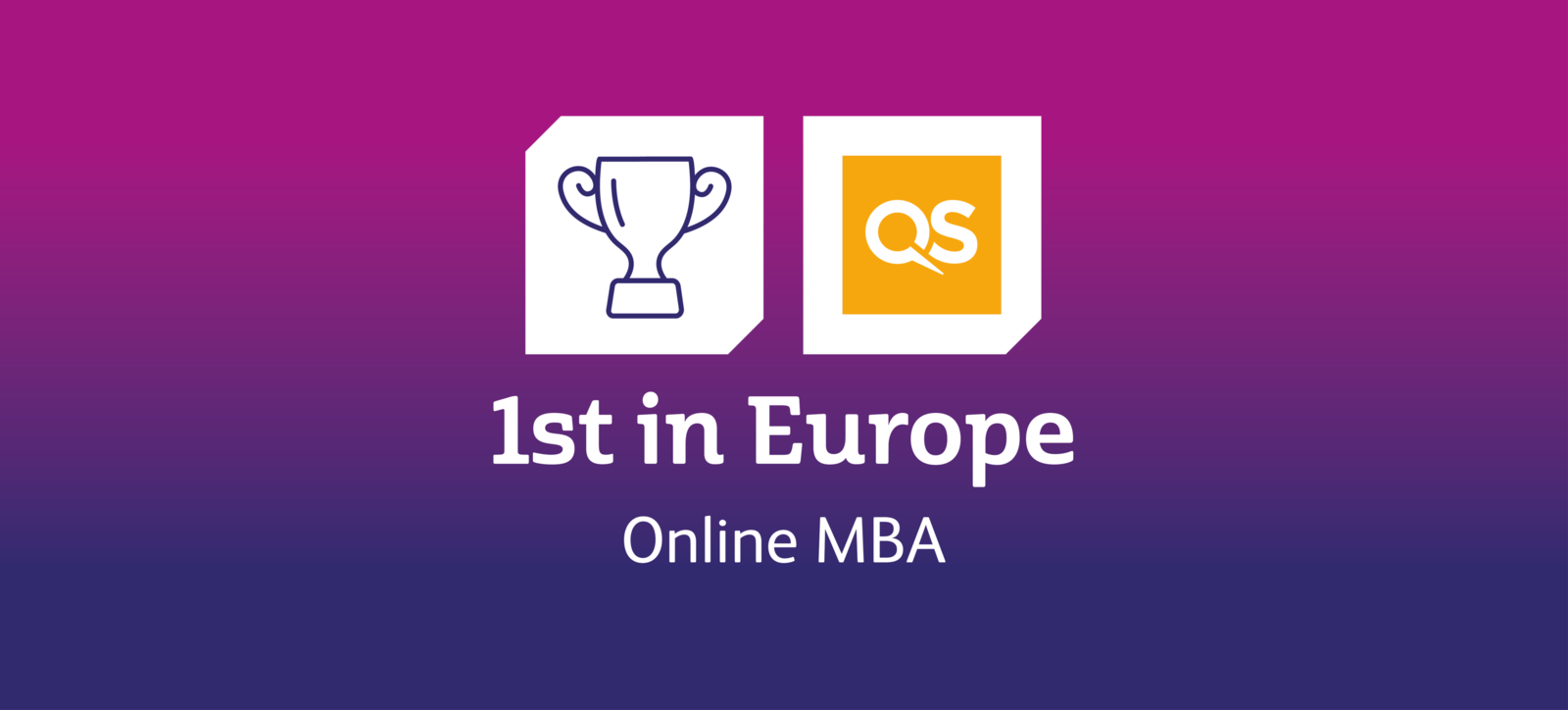 QS logo, trophy icon, and text showing Warwick Business School is ranked number one in Europe.