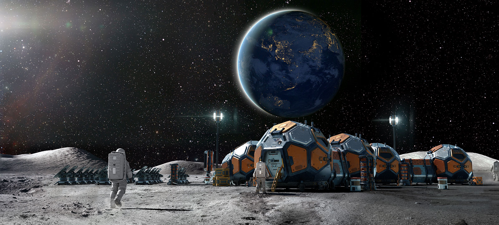 An artist's impression of a habitable NASA headquarters on the moon created from inter-connecting space pods. In the background planet Earth can be seen in the sky. An artist's impression of a habitable NASA headquarters on the moon created from inter-connecting space pods. In the background planet Earth can be seen in the sky.