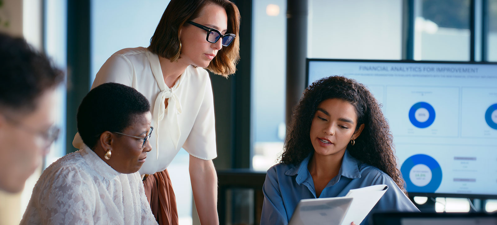 Three Business women reading and paperwork with financial results, information and teamwork for investment proposal