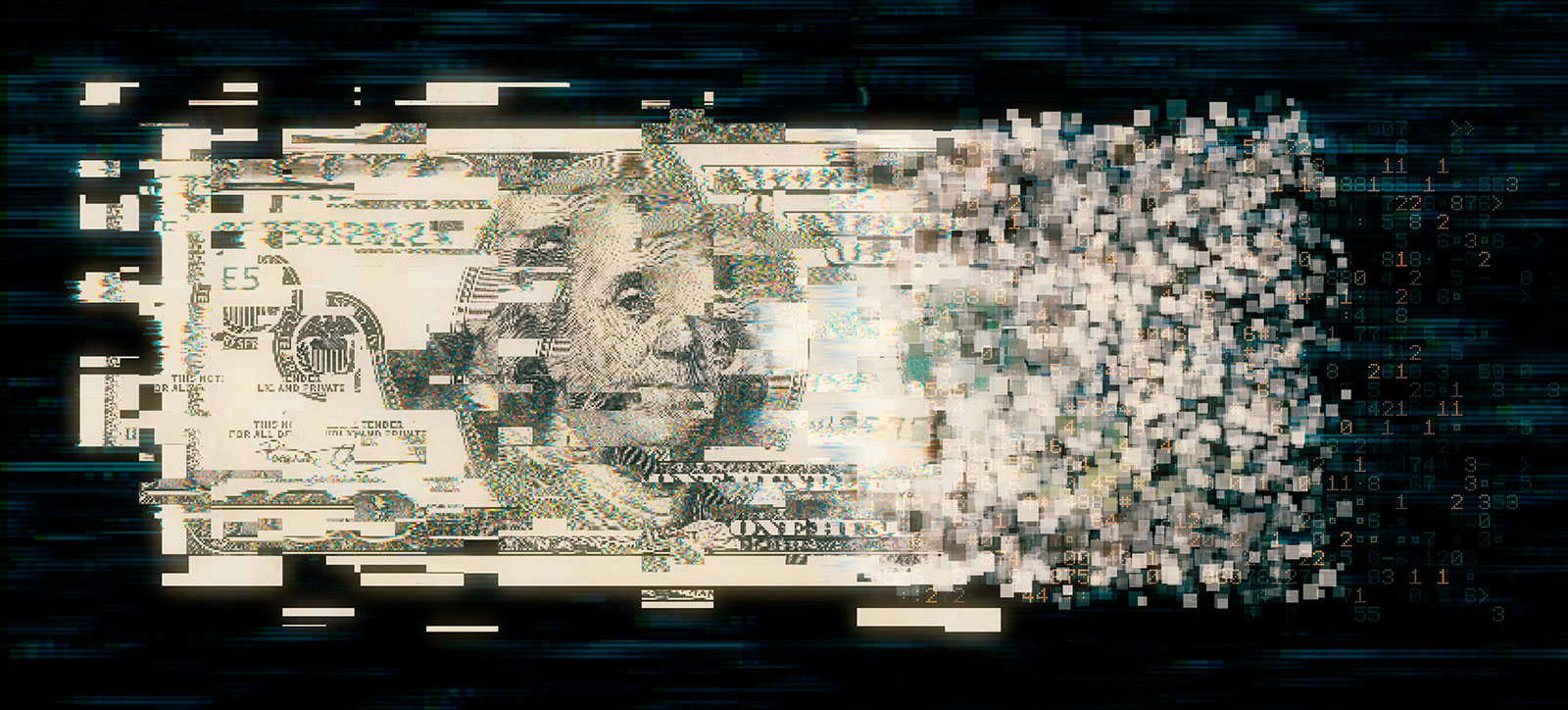 A digital dollar bill disintegrating into pixels. The image is set on a black background.