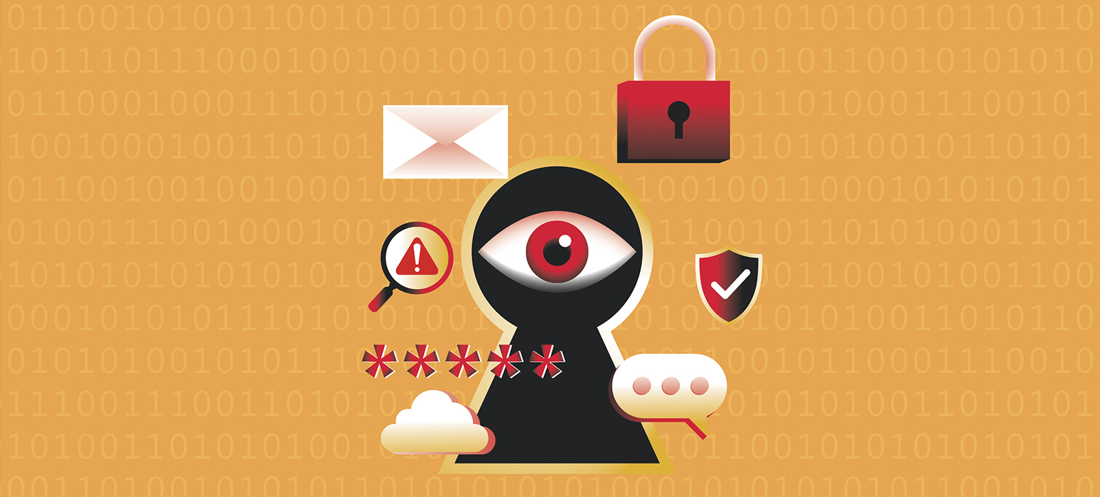 A graphic showing an eye peeping through a keyhole. It is surrounded by various symbols related to data security, including a padlock, an envelope email symbol, a 'safe website' shield symbol, and a series of asterisks concealing a password. It is all set on an orange background showing rows of binary code in ones and zeroes.