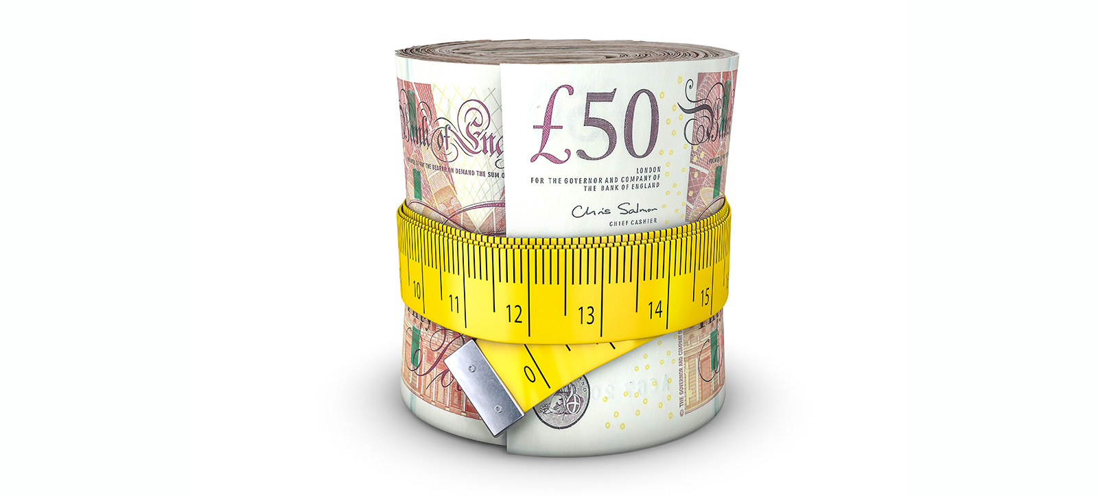 A roll of £50 notes, pulled tight by a tape measure around the middle to symbolise weight loss