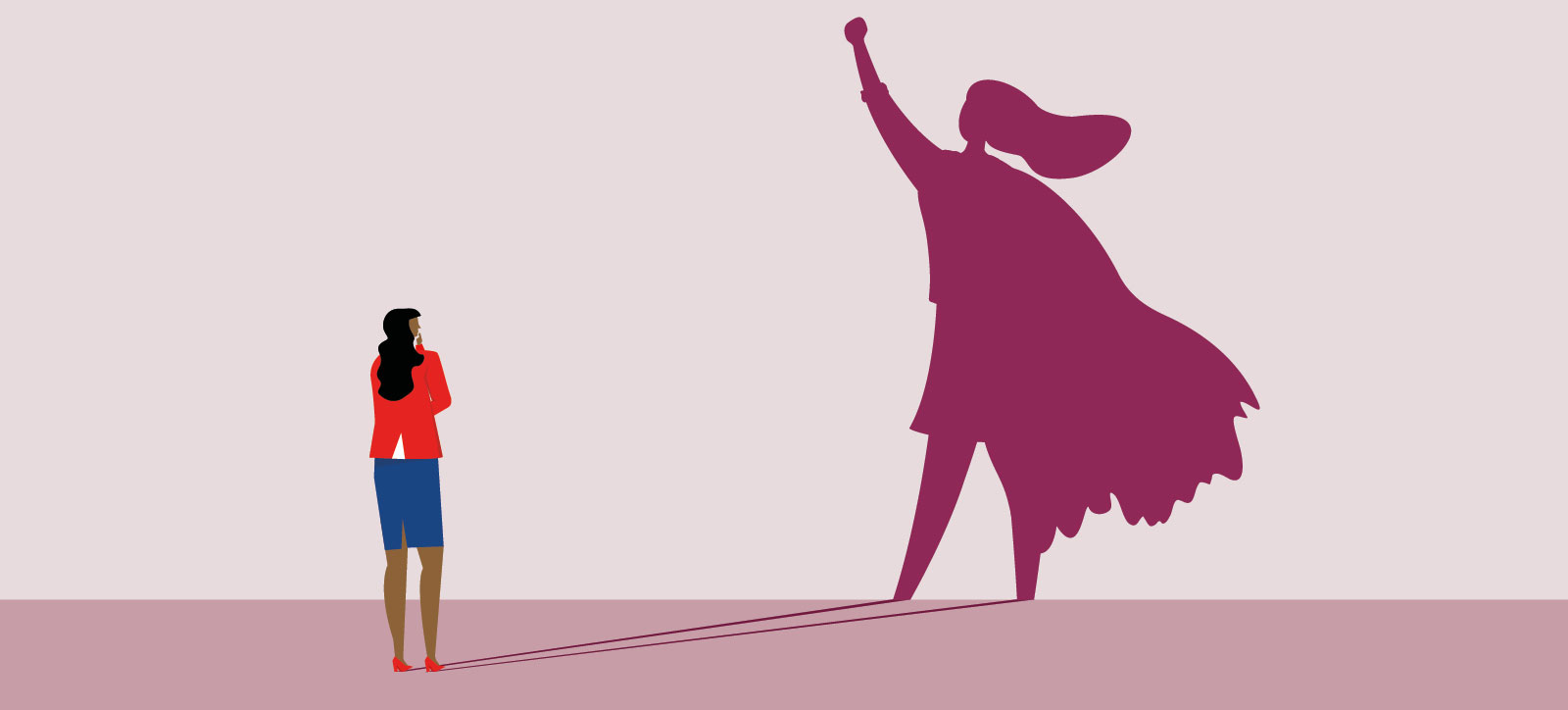 A graphic image of a businesswoman looking at her superhero-shaped silhouettes. A graphic image of a businesswoman looking at her superhero-shaped silhouettes.